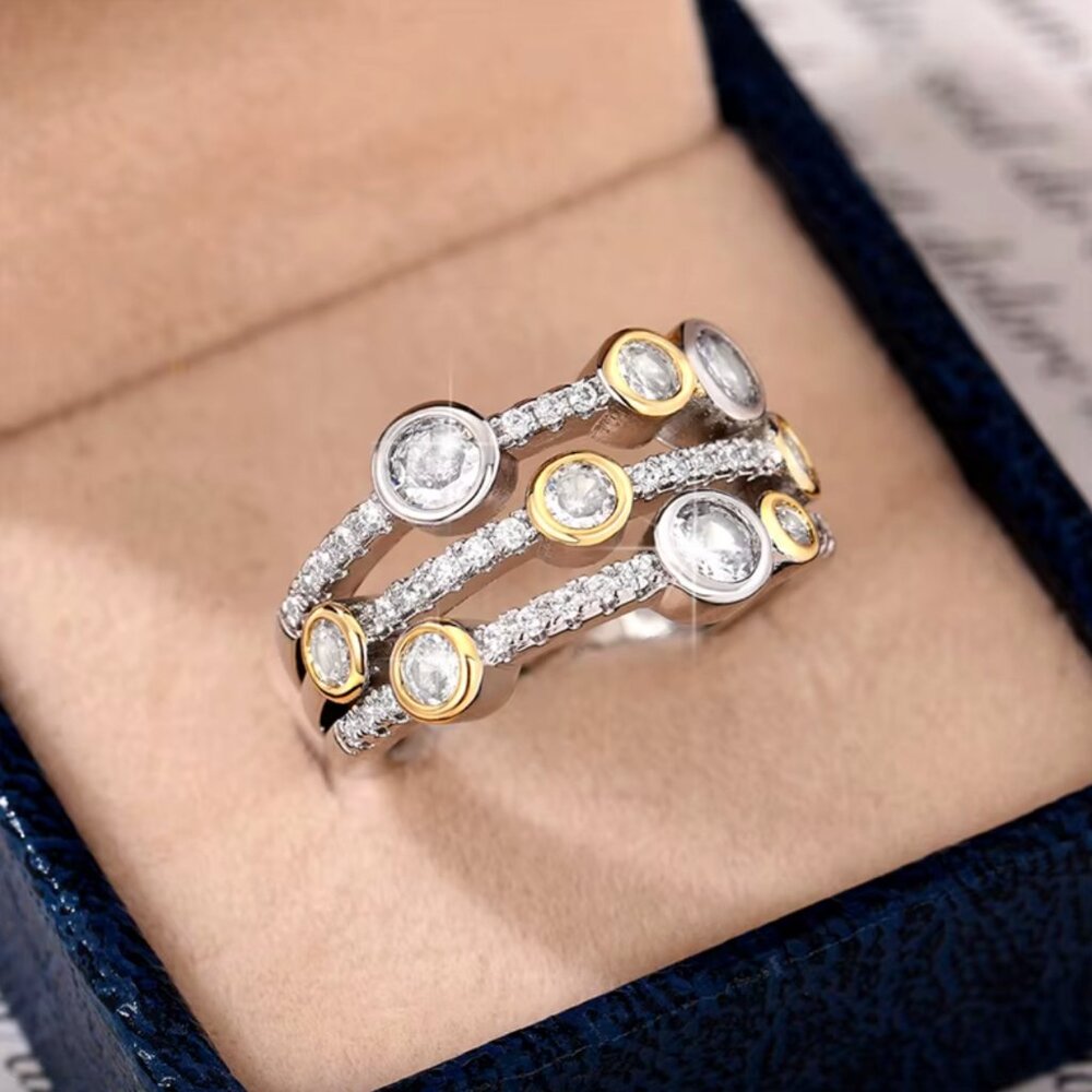 NEW 18k White & Yellow Gold Diamond Ring Band Two Tone Wide Ring Band - Picture 5 of 5